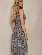 defox Rochie Negru și Alb de bumbac cu croi evazat pe bretele cu elastic în talie Bellazen