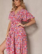 defox Rochie Roșie cu Pliuri cu Imprimeu Floral cu Croială Cloș Lanelin