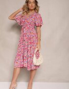 defox Rochie Roșie cu Pliuri cu Imprimeu Floral cu Croială Cloș Lanelin