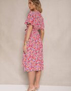 defox Rochie Roșie cu Pliuri cu Imprimeu Floral cu Croială Cloș Lanelin