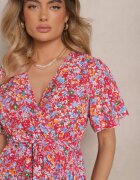 defox Rochie Roșie cu Pliuri cu Imprimeu Floral cu Croială Cloș Lanelin