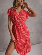 defox Rochie roșie din Bumbac cu Croi Evazat cu Elastic în Talie Emilla