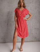 defox Rochie roșie din Bumbac cu Croi Evazat cu Elastic în Talie Emilla