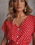 defox Rochie roșie din Bumbac cu Croi Evazat cu Elastic în Talie Emilla