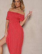 defox Rochie roșie din bumbac cu croi evazat împodobită cu imprimeu cu buline Lisanovia