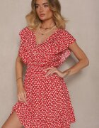 defox Rochie roșie din bumbac cu croială evazată cu nasturi cu imprimeu floral Roniva