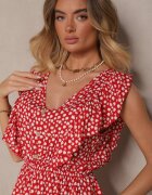 defox Rochie roșie din bumbac cu croială evazată cu nasturi cu imprimeu floral Roniva