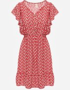 defox Rochie roșie din bumbac cu croială evazată cu nasturi cu imprimeu floral Roniva