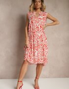 defox Rochie Roșie Evazată din Bumbac cu Model Geometric Annilessa