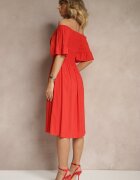 defox Rochie Roșie Evazată din Bumbac cu Umeri Bufanti și Elastic la Bust Norlio