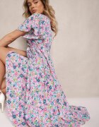 defox Rochie Roz cu pliseuri cu imprimeu floral cu croi evazat Lanelin