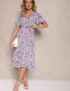 defox Rochie Roz cu pliseuri cu imprimeu floral cu croi evazat Lanelin