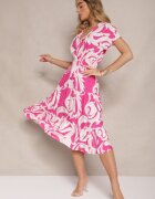 defox Rochie Roz din Bumbac cu Motiv Abstract și Nasturi Talivea