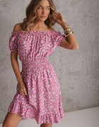defox Rochie Roz din bumbac Midi cu umerii goi cu elastic în talie Dnise