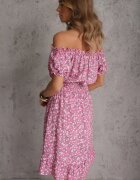 defox Rochie Roz din bumbac Midi cu umerii goi cu elastic în talie Dnise