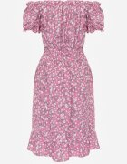 defox Rochie Roz din bumbac Midi cu umerii goi cu elastic în talie Dnise