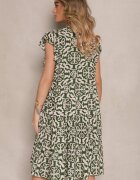 defox Rochie Rozkloszowana Verde din Bumbac cu Imprimeu Ornamental Zalirita