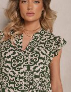 defox Rochie Rozkloszowana Verde din Bumbac cu Imprimeu Ornamental Zalirita