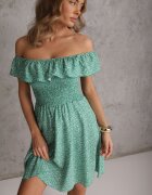 defox Rochie Stil Spaniol Verde Florală din bumbac cu elastic în talie Nevima