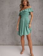 defox Rochie Stil Spaniol Verde Florală din bumbac cu elastic în talie Nevima