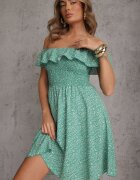 defox Rochie Stil Spaniol Verde Florală din bumbac cu elastic în talie Nevima