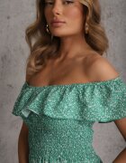 defox Rochie Stil Spaniol Verde Florală din bumbac cu elastic în talie Nevima