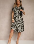 defox Rochie tip cămașă Bej-Negru din bumbac cu imprimeu leopard Iffiera