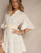 defox Rochie tip cămașă Evazată Bej deschis din Bumbac Decorată cu Broderie și Volane Filarosa