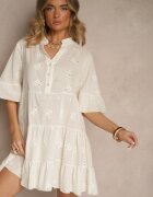 defox Rochie tip cămașă Evazată Bej deschis din Bumbac Decorată cu Broderie și Volane Filarosa