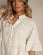 defox Rochie tip cămașă Evazată Bej deschis din Bumbac Decorată cu Broderie și Volane Filarosa
