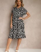 defox Rochie tip Cămașă Gri-Neagră din Bumbac cu Imprimeu Leopard Iffiera