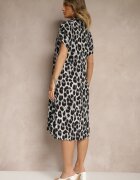 defox Rochie tip Cămașă Gri-Neagră din Bumbac cu Imprimeu Leopard Iffiera