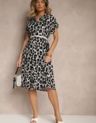 defox Rochie tip Cămașă Gri-Neagră din Bumbac cu Imprimeu Leopard Iffiera