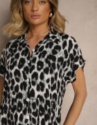 defox Rochie tip Cămașă Gri-Neagră din Bumbac cu Imprimeu Leopard Iffiera