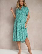 defox Rochie tip cămașă verde închis din bumbac cu flori cu croială evazată Sarilon