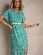 defox Rochie tip cămașă verde închis din bumbac cu flori cu croială evazată Sarilon