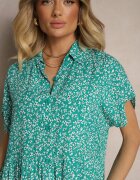 defox Rochie tip cămașă verde închis din bumbac cu flori cu croială evazată Sarilon