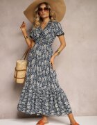 defox Rochie Trapez Bleumarin din bumbac cu mâneci bufante cu volan și elastic în talie Vimayana
