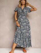 defox Rochie Trapez Bleumarin din bumbac cu mâneci bufante cu volan și elastic în talie Vimayana