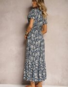 defox Rochie Trapez Bleumarin din bumbac cu mâneci bufante cu volan și elastic în talie Vimayana