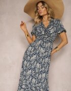 defox Rochie Trapez Bleumarin din bumbac cu mâneci bufante cu volan și elastic în talie Vimayana