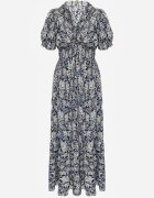 defox Rochie Trapez Bleumarin din bumbac cu mâneci bufante cu volan și elastic în talie Vimayana