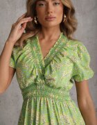 defox Rochie Trapez Verde deschis din Bumbac cu Mâneci Bufante Volan și Elastic în Talie Vimayana