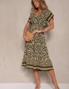 defox Rochie Verde-Bej din Bumbac cu Elastic în Talie și nasturi decorativi Natifarela