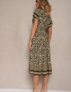 defox Rochie Verde-Bej din Bumbac cu Elastic în Talie și nasturi decorativi Natifarela