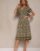 defox Rochie Verde-Bej din Bumbac cu Elastic în Talie și nasturi decorativi Natifarela