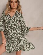 defox Rochie verde de bumbac cu croi evazat cu imprimeu etnic Zalivine