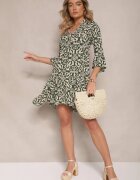 defox Rochie verde de bumbac cu croi evazat cu imprimeu etnic Zalivine