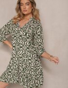 defox Rochie verde de bumbac cu croi evazat cu imprimeu etnic Zalivine