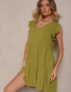 defox Rochie Verde de Bumbac Evazată cu Volane Mirlio